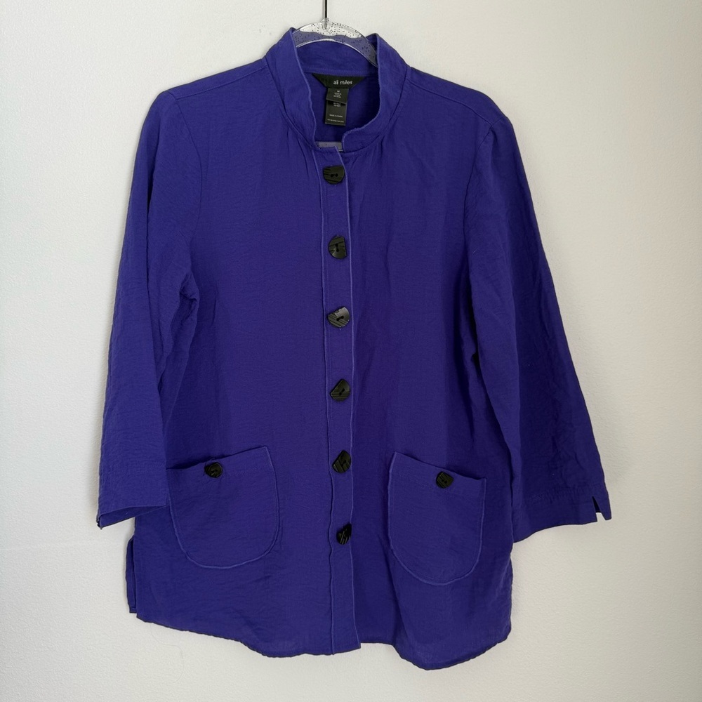 Ali Miles Button Down Purple Blouse Mock Neck Art to Wear Regency Renaissance M